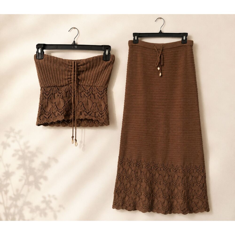 Vintage Havana Brown Crochet Knit Maxi Skirt | Size M and Top S